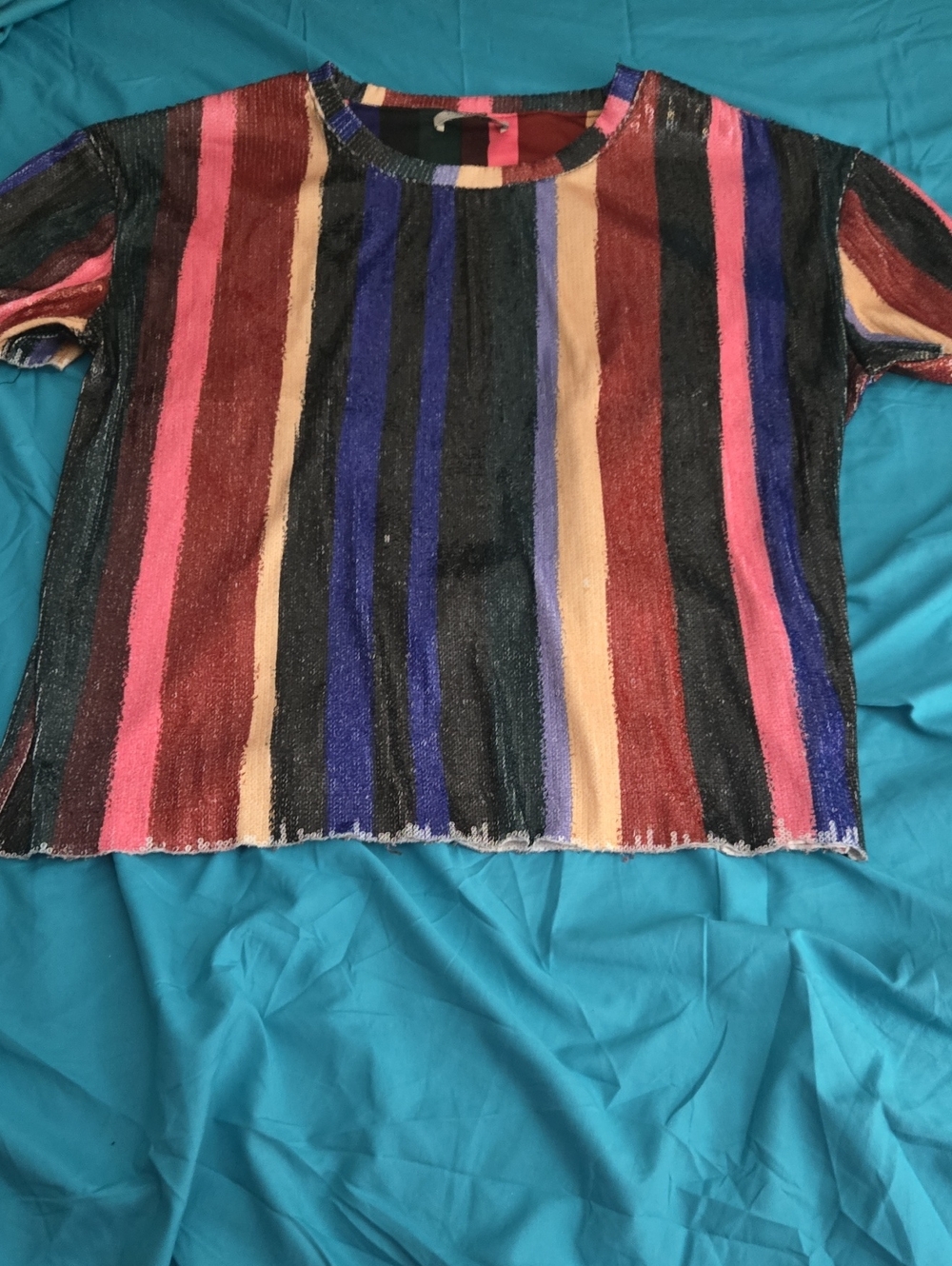 Zara Multicolor Sequin Vertical Stripe Knit Top in Pink, Green, Brown